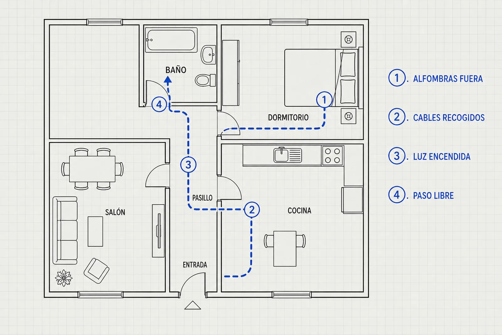 Plano de una vivienda con el trayecto de la cama al baño marcado y los cuatro peligros numerados