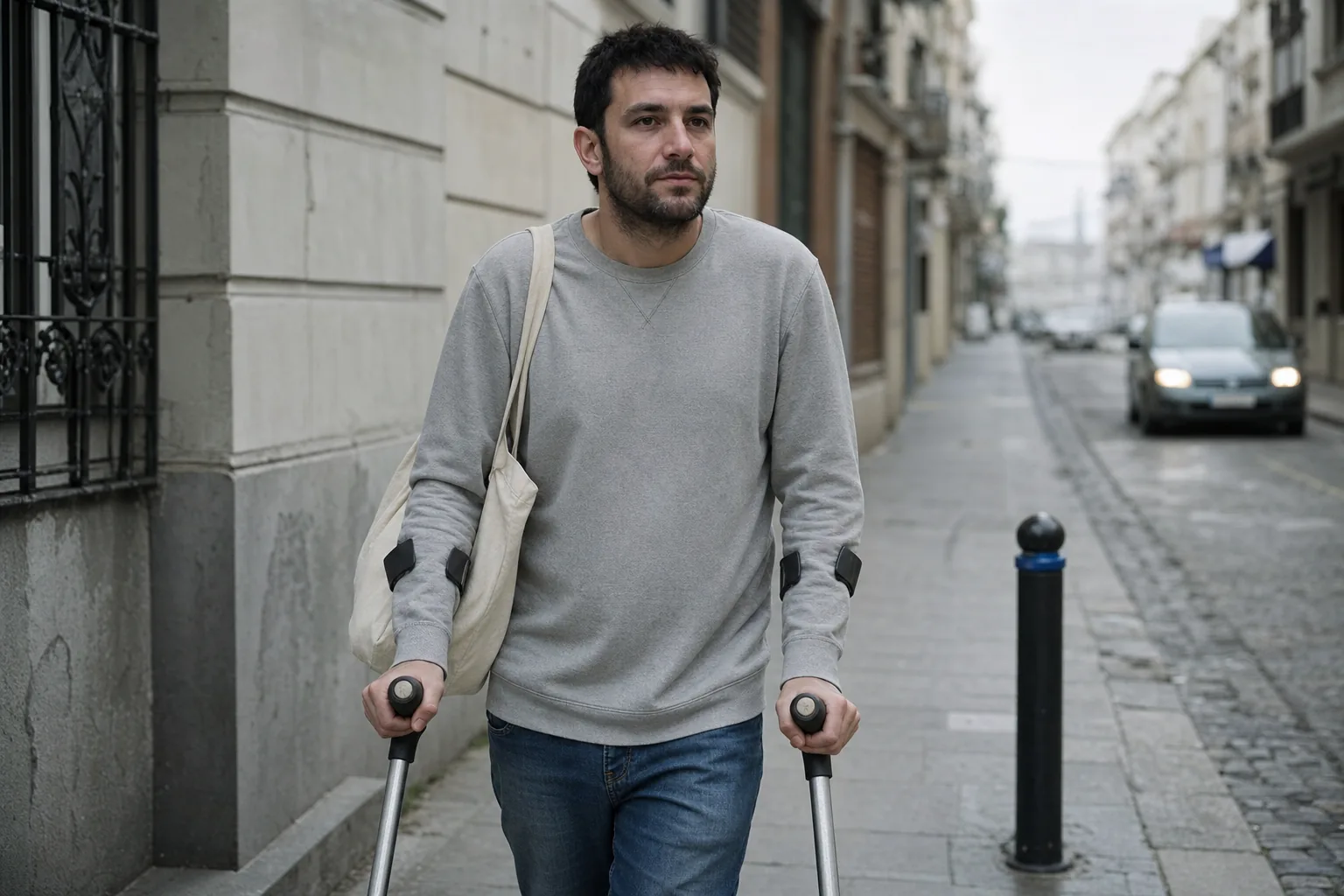 Hombre joven caminando por una calle con dos muletas de antebrazo